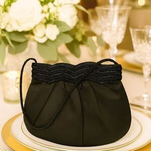 Vintage Almondo Black Evening Bag Beaded Trim Ruched Formal Clutch Purse EUC